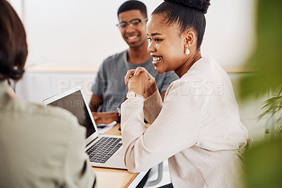 Buy stock photo Woman, laptop and happy man in office for business meeting, brainstorming and planning for project. People, smile and discussion in conference room for agenda, ideas and collaboration or teamwork