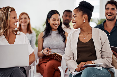 Buy stock photo Notes, diversity and group with smile, talking and creative for agency, business and audience. Happy, men and women in office, collaboration and goal for journalist, newsroom and laughing with laptop