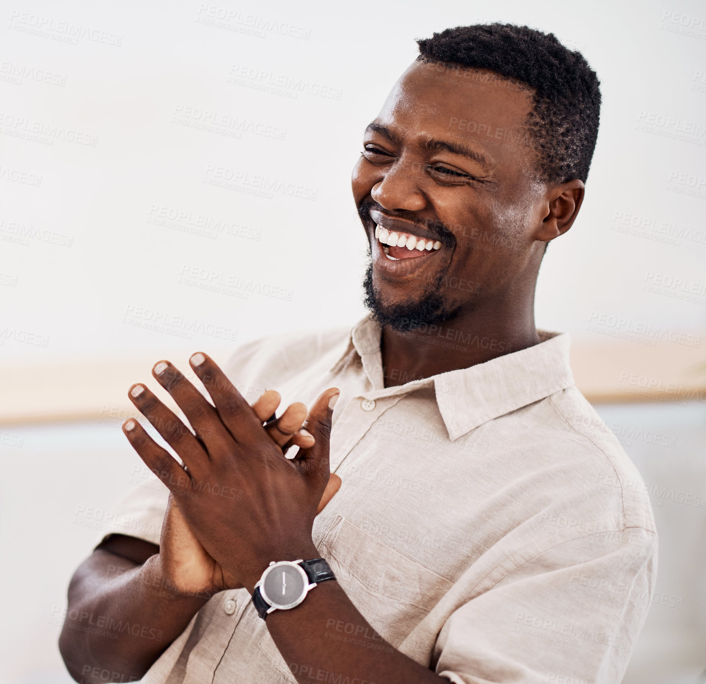 Buy stock photo Clapping, black man and laughing in meeting, office and happy for creativity, startup and conference. Company, seminar and applause of person for story in newsroom, funny and joke for journalist