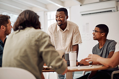 Buy stock photo Men, leader and happy in office for training, teaching and learning for job or career coach. Teamwork, employees and collaboration at workshop in internship program or skill development with smile