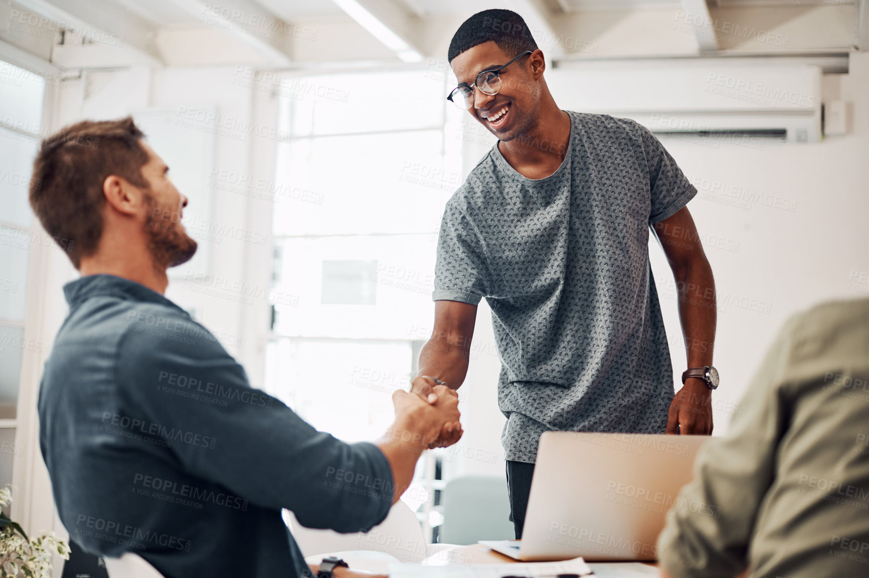 Buy stock photo Business people, handshake and welcome to startup tech company with success, onboarding or job interview. Manager shaking hands with young smart programmer for recruitment, opportunity or internship