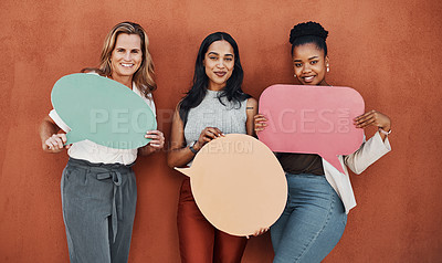 Buy stock photo Group, woman and speech bubble for chat, communication or social media exchange or fashion forum and sharing tips. People in portrait with style feedback, clothes reviews or mockup on wall background