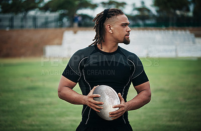 Buy stock photo Rugby, thinking and man with ball in field for match training, competition and game in stadium. Practice ideas, player and male athlete ready for outdoor sports skills, workout or fitness exercise