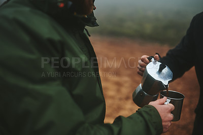 Buy stock photo Shot of two male friends having fresh coffee before hiking