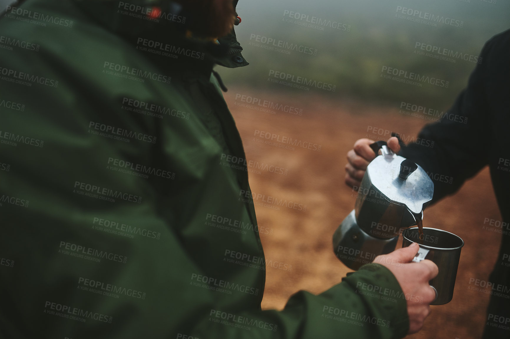 Buy stock photo Hiking, people or hands with coffee on mountain for caffeine break, travel adventure or hobby for bonding. Friend, closeup or pour warm beverage in forest for trekking destination or explore together