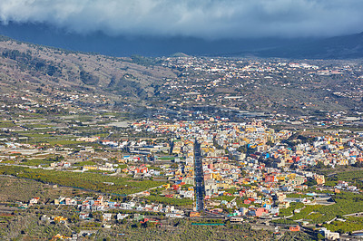 Buy stock photo Landscape aerial view of Los Llanos, La Palma in the Canary Islands during the day. Scenic view of a city in an idyllic tourist travel destination from above. A small and beautiful seaside village