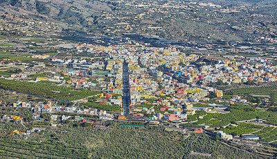 Buy stock photo Landscape aerial view of Los Llanos, La Palma in Canary Islands during the day. Scenic view of a city in an idyllic tourist travel destination from above. Small and beautiful seaside village