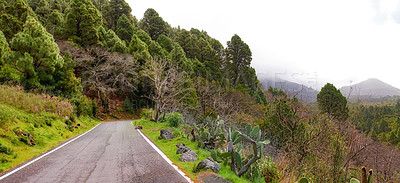 Buy stock photo Copy space with a scenic mountain pass along a cliff in La Palma, Canary Islands, Spain on a cloudy and foggy cold morning. Peaceful, quiet and lush landscape to travel explore during a road trip