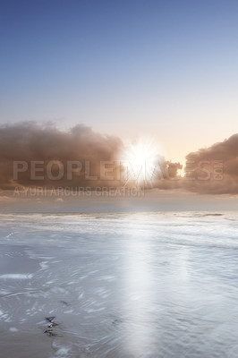 Buy stock photo Copyspace at sea with cloudy twilight sky background above the horizon at sunset. Calm ocean waters at a beach in Torrey Pines, San Diego, California. Majestic scenic landscape for relaxing getaways