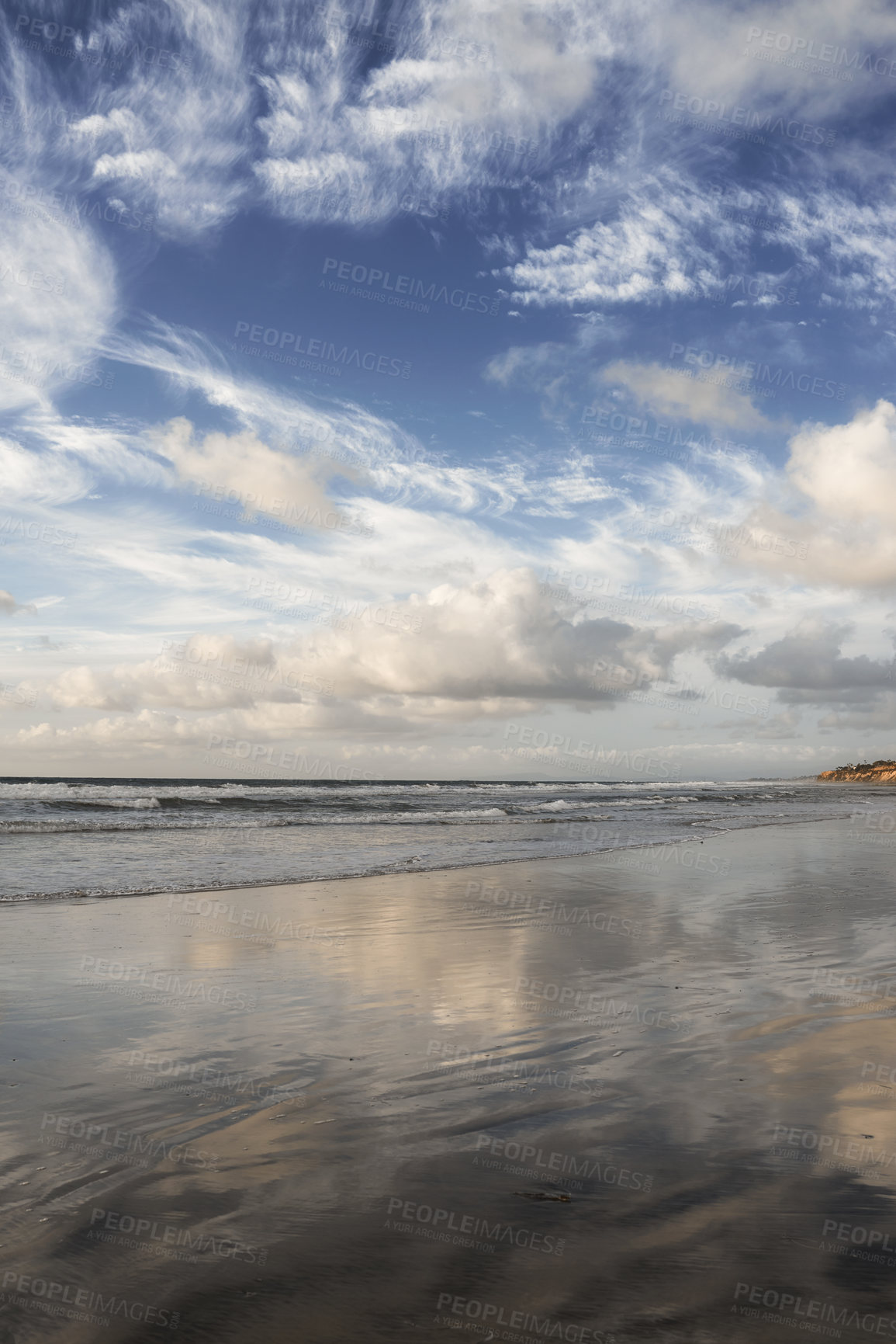 Buy stock photo Copy space at sea with cloudy sky background above the horizon. Calm ocean waters at a beach of Torrey Pines, San Diego, California. Majestic and peaceful scenic landscape for a relaxing getaway

