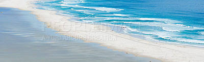 Buy stock photo Copy space at the sea with calm ocean waves washing onto a beach shore. Peaceful and idyllic scenic landscape with serene ambience at the coast for a relaxing summer getaway or travel destination
