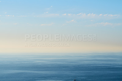 Buy stock photo Landscape of the sea with pollution in the sky with copy space in the morning. A view of the ocean water with smog damaging the climate and atmosphere. Beach background with pollution in the air