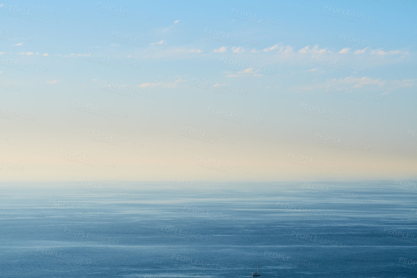 Buy stock photo Landscape of the sea with pollution in the sky with copy space in the morning. A view of the ocean water with smog damaging the climate and atmosphere. Beach background with pollution in the air