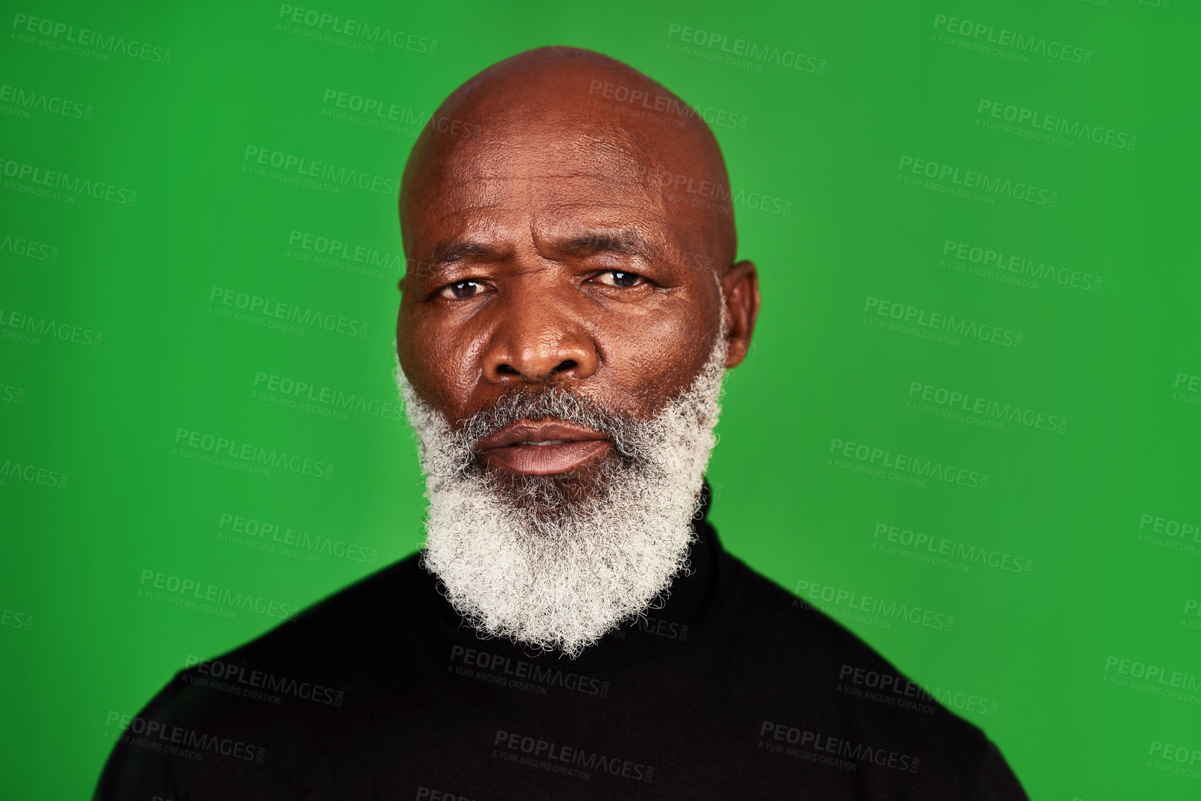 Buy stock photo Studio, green screen and black man in portrait for fashion, confidence and winter style with pride. Retirement, male person and senior model by isolated background for casual clothes or natural beard