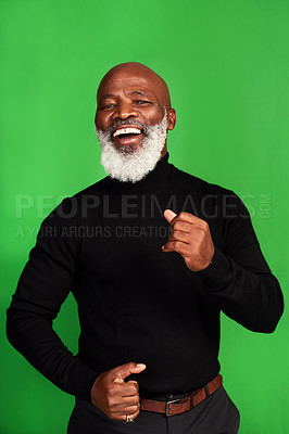 Buy stock photo Happy, dance and portrait of black man on green screen for celebration, music or excited. Happiness, smile and energy with senior person dancing isolated on studio background for freedom and movement