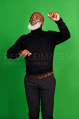 Buy stock photo Happy, dance and smile with black man on green screen for celebration, music or excited. Happiness, dancer and energy with senior person dancing isolated on studio background for freedom and movement