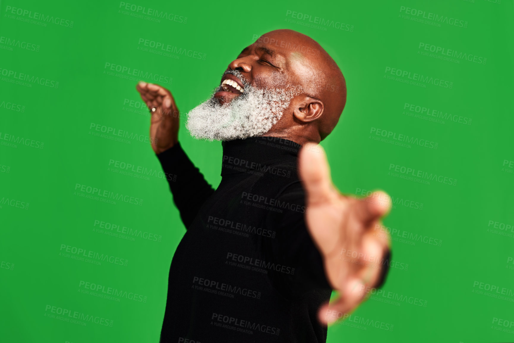 Buy stock photo Happy, dance and smile with black man on green screen for celebration, party or excited. Cheerful, dancer and energy with senior person dancing isolated on studio background for freedom and movement