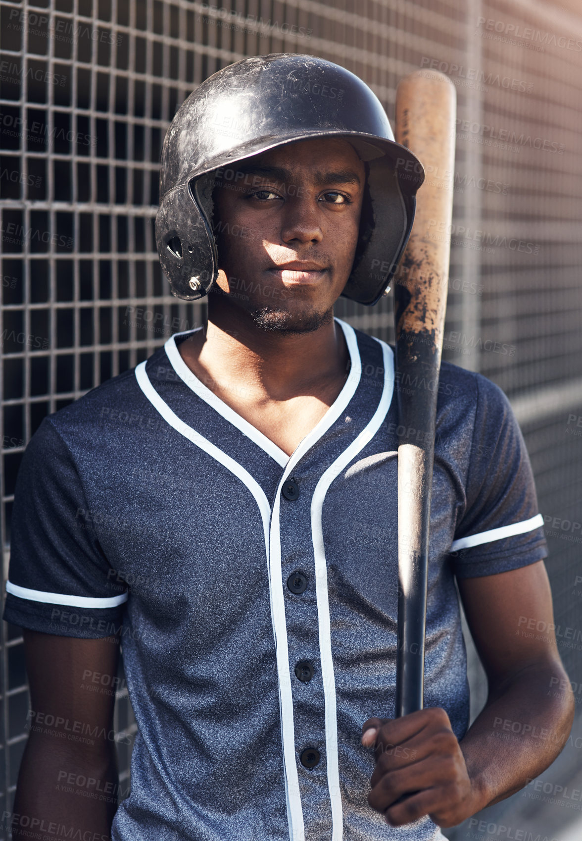 Buy stock photo Man, baseball and portrait on field with confidence for training, fitness practice or workout for wellness. Male athlete, sports stadium and bat for game in outdoor for health, gear for cardio