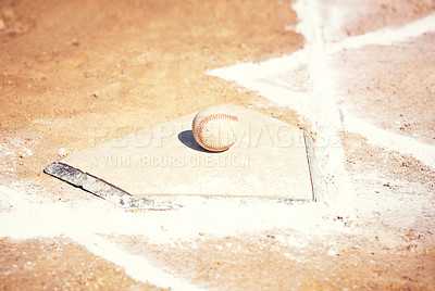 Buy stock photo Ball, base and dirt on field for sport, leagues and training on pitch with mockup. Corner, chalk lines or ground in stadium ready for tournament, competition or plate for home run in American culture