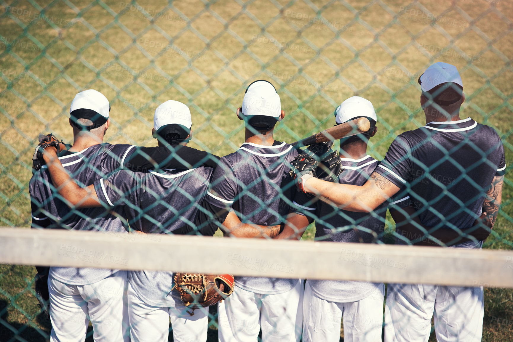 Buy stock photo Baseball, team and solidarity with back of men, together and training for game on field. Practice, support and park for fitness and sport for male people, friendship and group for softball and fence
