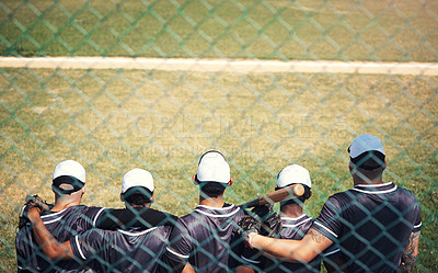 Buy stock photo Baseball, teamwork and solidarity with back of men, together and training for game on field. Practice, support and park for fitness and sport for male people, friends and group for softball and fence