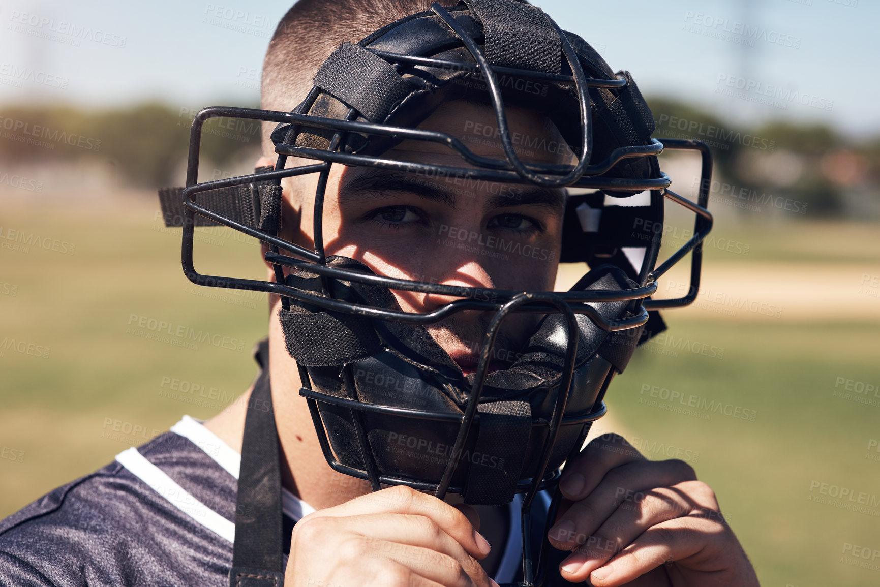 Buy stock photo Helmet, catcher and portrait of sports, man and match for baseball, serious and dream of sportsman. Outdoor, athlete and professional for game, competition and determination for person in uniform