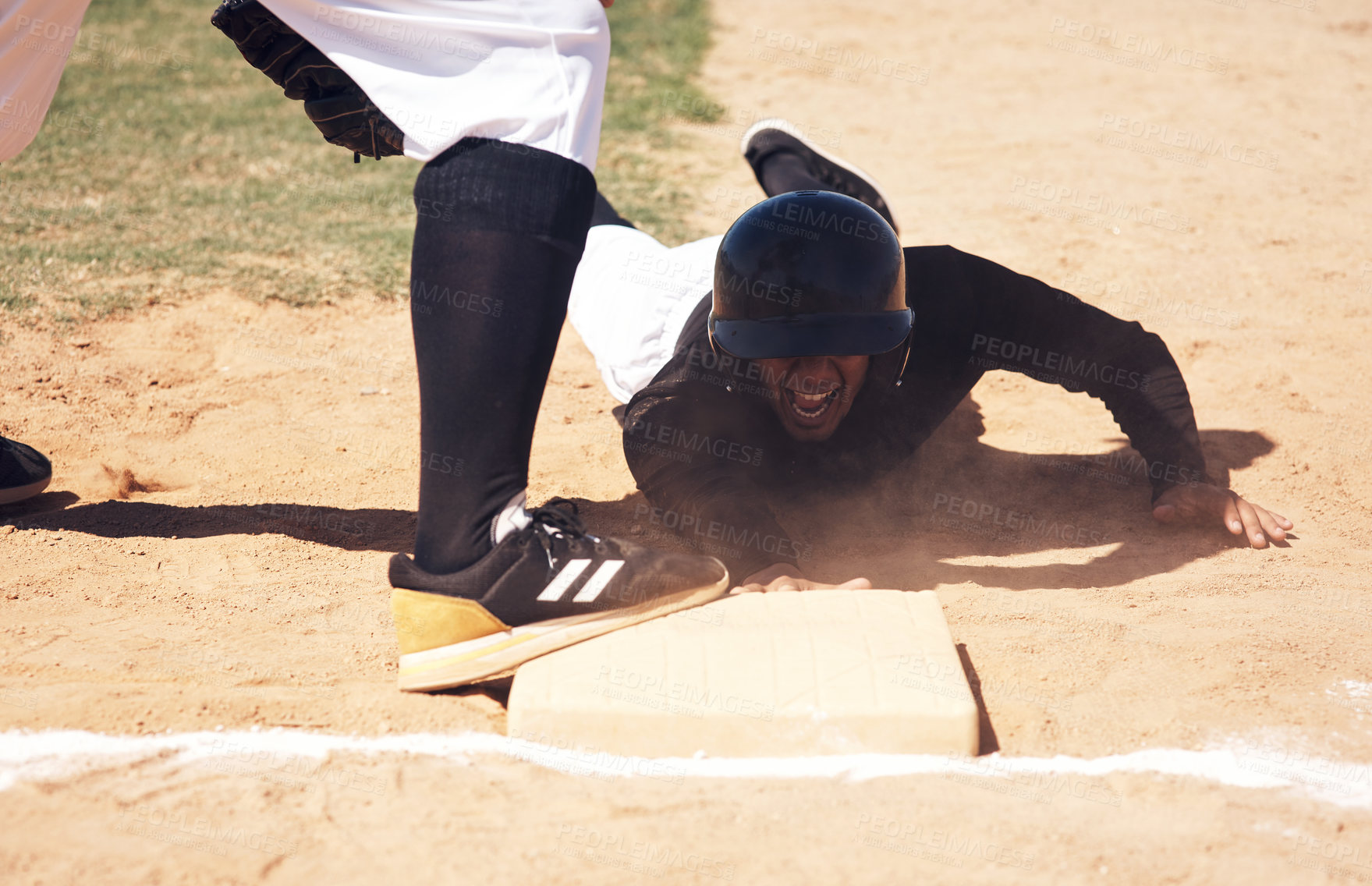 Buy stock photo Baseball player safe, running and man on a softball base at a game with training and dirt. Dust, sport and male athlete outdoor on a field with exercise and run to box of runner on sand with cardio