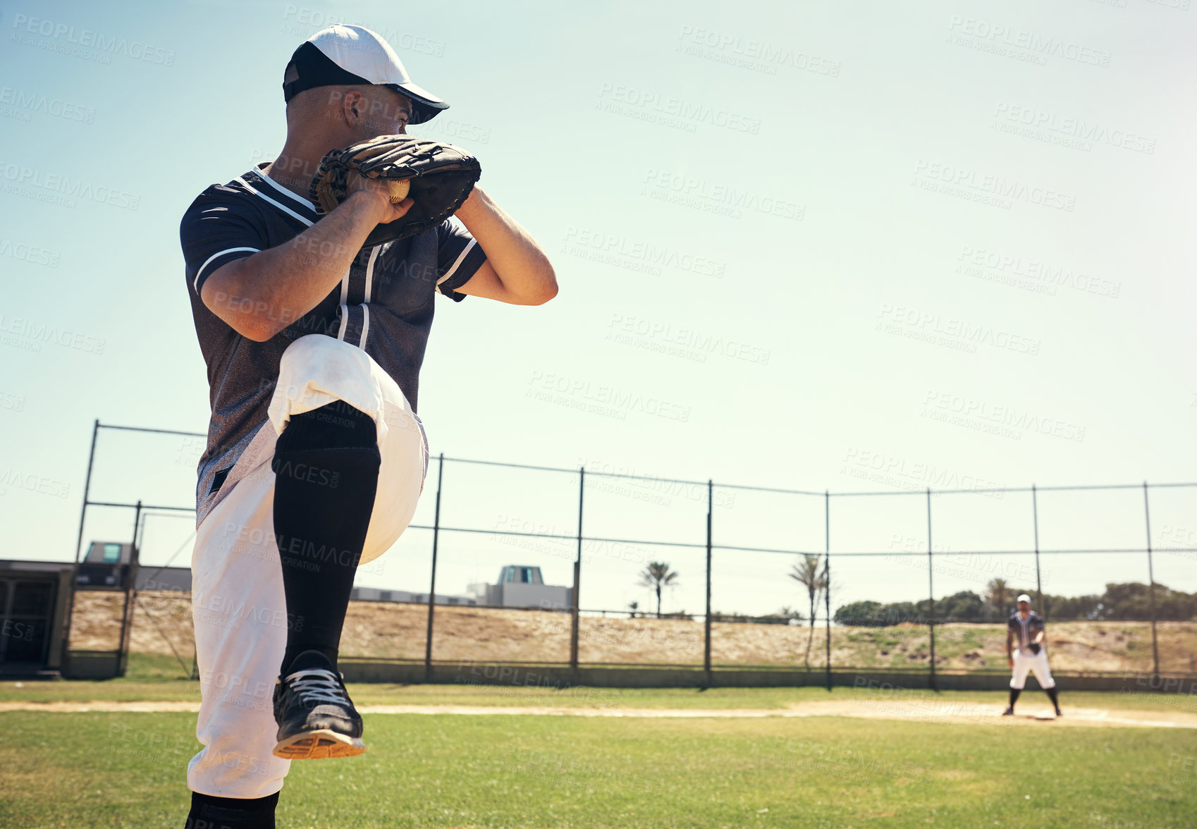 Buy stock photo Throw, sports and baseball with man on field for competition, training and games. Action, exercise and championship with male athlete throwing in stadium park for fitness, pitch and club
