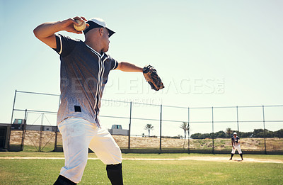 Buy stock photo Pitch, sports and training with man on baseball field for competition, performance and games. Action, exercise and championship with athlete throwing in stadium park for fitness, practice and club