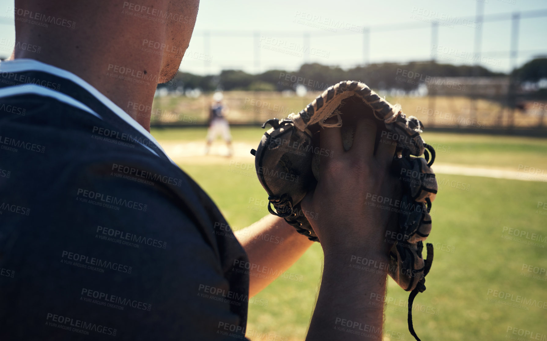 Buy stock photo Pitch, glove and hands of man on baseball field for competition, training and games. Action, exercise and championship with male athlete throwing in stadium park for fitness, closeup and sports club