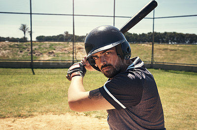 Buy stock photo Helmet, portrait and bat for sports, person and match for baseball, confident and practice of sportsman. Outdoor, athlete and professional for game, competition and man in uniform or serious in field