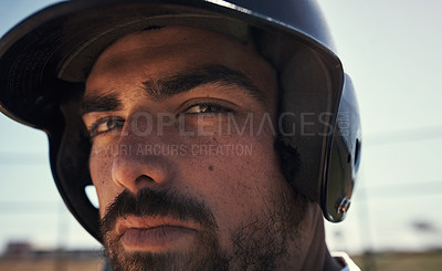 Buy stock photo Helmet, player and portrait of man, sports and match for baseball, serious and dream of sportsman. Outdoor, athlete and professional for game, competition and determination for person in uniform