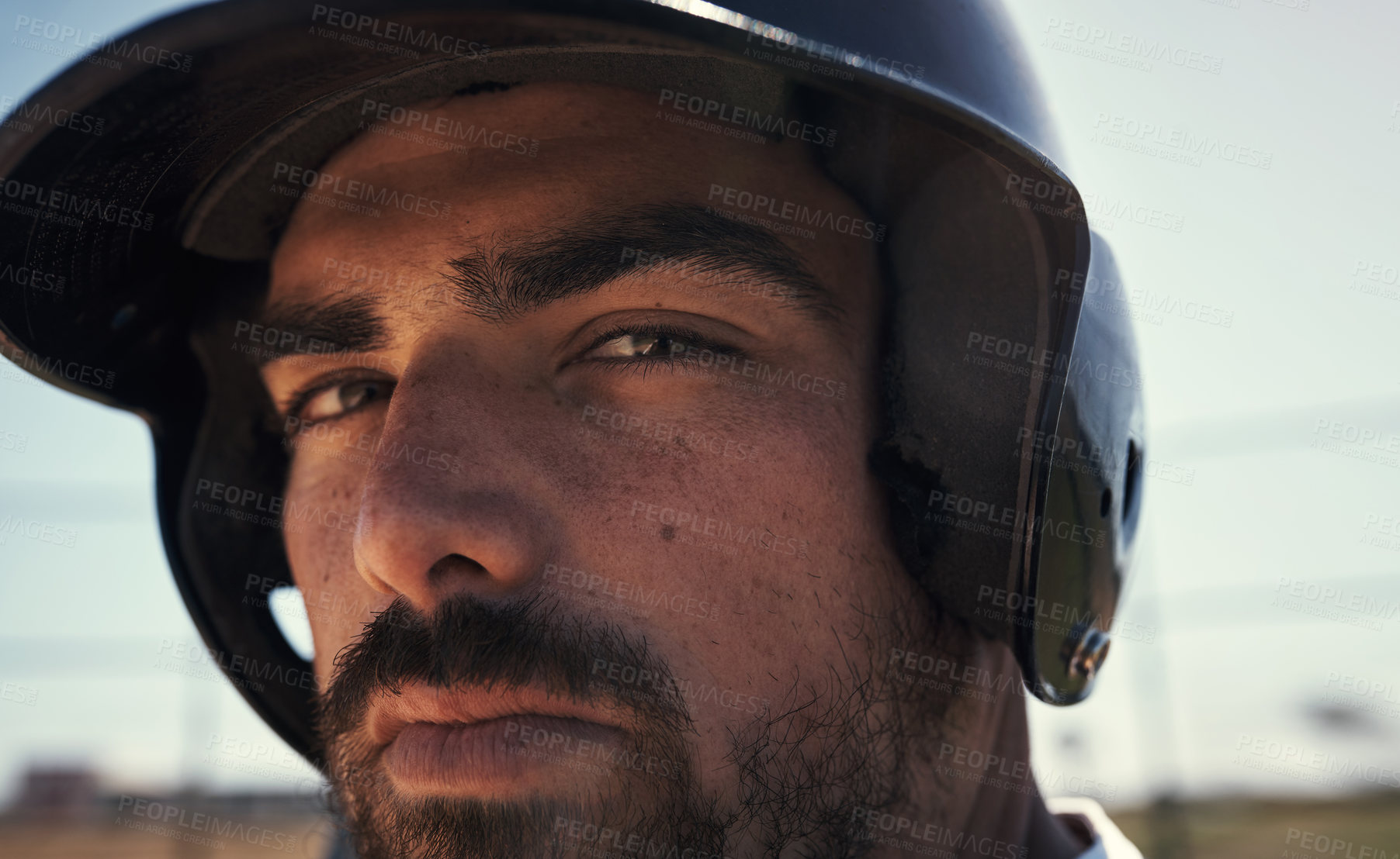 Buy stock photo Helmet, player and portrait of man, sports and match for baseball, serious and dream of sportsman. Outdoor, athlete and professional for game, competition and determination for person in uniform