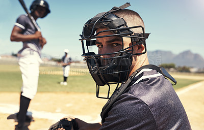 Buy stock photo Portrait of a young man playing a game of baseball