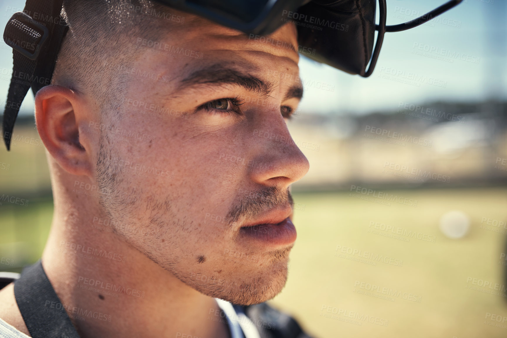 Buy stock photo Baseball, catcher and sports man in match on field of stadium for training, practice or workout. Fitness, thinking or face of athlete ready to play in park for outdoor competition, exercise or game