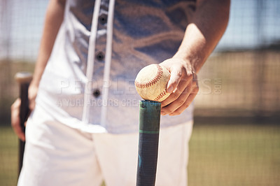 Buy stock photo Baseball, bat and hands of man in match on field of stadium for training, sports practice or workout. Fitness, outdoor and athlete ready to hit in game in park for competition, exercise or playing