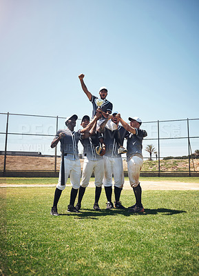 Buy stock photo Baseball team, sports and men winning trophy at competition or game on field. Champion athlete friends group celebrate achievement, win or teamwork and fitness prize for professional sport outdoor 