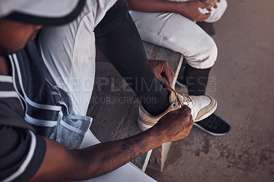 Buy stock photo Baseball, sports and shoes with man for laces, game or preparation for field competition. Uniform, footwear or fitness for athlete person, performance and exercise for training or softball club match