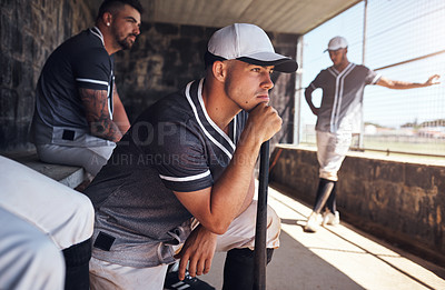 Buy stock photo Baseball, game and waiting with man in dugout, watching team sports outdoor for competition or fitness. Club, exercise and health with batter at stadium or venue for challenge, match or performance