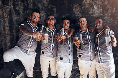 Buy stock photo Sports, portrait and baseball team outdoor with drinks for achievement, success and winning competition. Men, happy and softball players in stadium with celebration, smile and uniform for victory