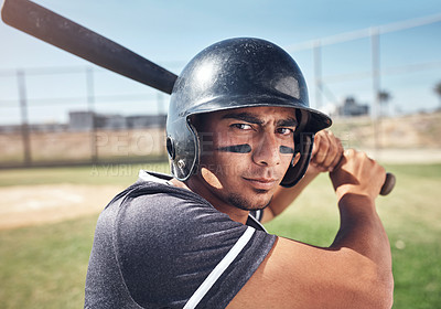 Buy stock photo Stadium, portrait and man with bat for baseball sport, grip and power posture for ready to strike hit on game day. Player, athlete and serious in uniform on pitch for match, competition and homerun.