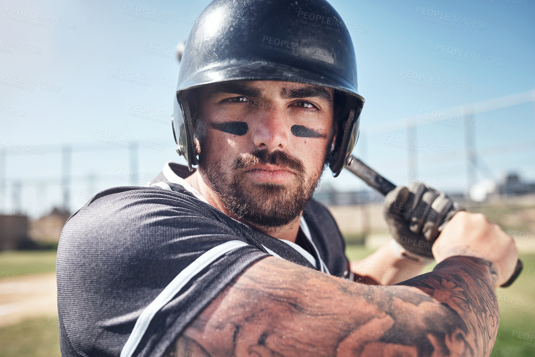 Buy stock photo Helmet, batter and portrait of man, game and match for baseball, serious and dream of sportsman. Outdoor, athlete and professional for sports, competition and determination for person in uniform