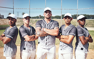 Buy stock photo Portrait of a group of confident young men playing a game of baseball