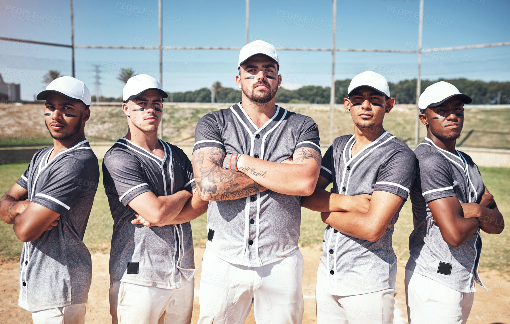 Buy stock photo Baseball, team and portrait on field with people, confident and serious competition match outside. Training exercise, support and arms crossed together, softball and group with catchers glove or bat