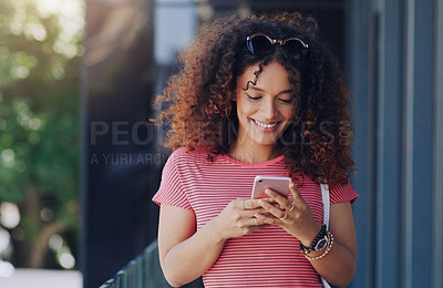 Buy stock photo Woman, balcony and excited with texting on smartphone with mobile app for online dating with match. Female person, outside and smile or happy with internet or website for social media and networking