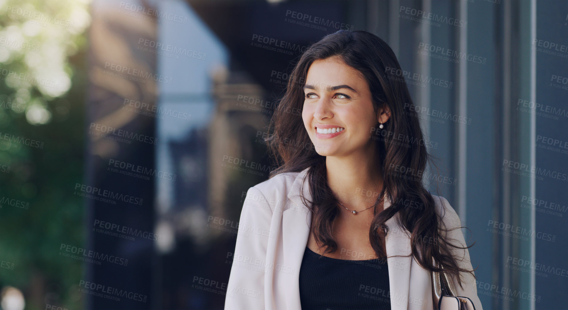Buy stock photo Happy, corporate and business woman in city for mockup space, professional or happiness. Commute, modern and natural with female employee thinking in urban outdoor for motivation, confident and pride
