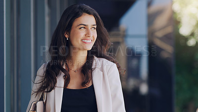 Buy stock photo Corporate, thinking and business woman in city for morning, professional and happiness. Smile, idea and vision with face of female employee in urban outdoor for motivation, confident and pride