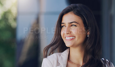 Buy stock photo Thinking, future and face of woman in outdoor for mockup space, professional and happiness. Vision, modern and natural with female employee in urban city for motivation, confident and pride