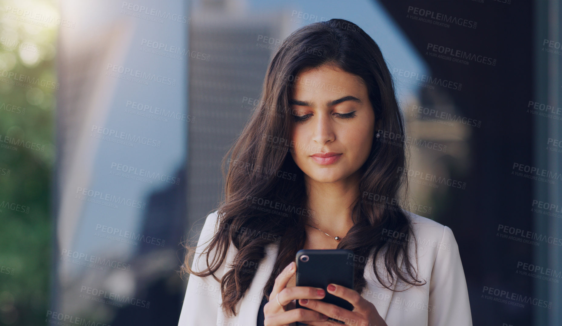 Buy stock photo Woman, outdoor and phone for reading text with networking, communication and message notification. Female person, mobile and connection for digital map, location search and web app for taxi request