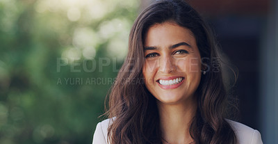 Buy stock photo Happy, smile and portrait of business woman in city for  mockup space, professional and happiness. New York, career and natural with face of employee in outdoor for motivation, confident and pride